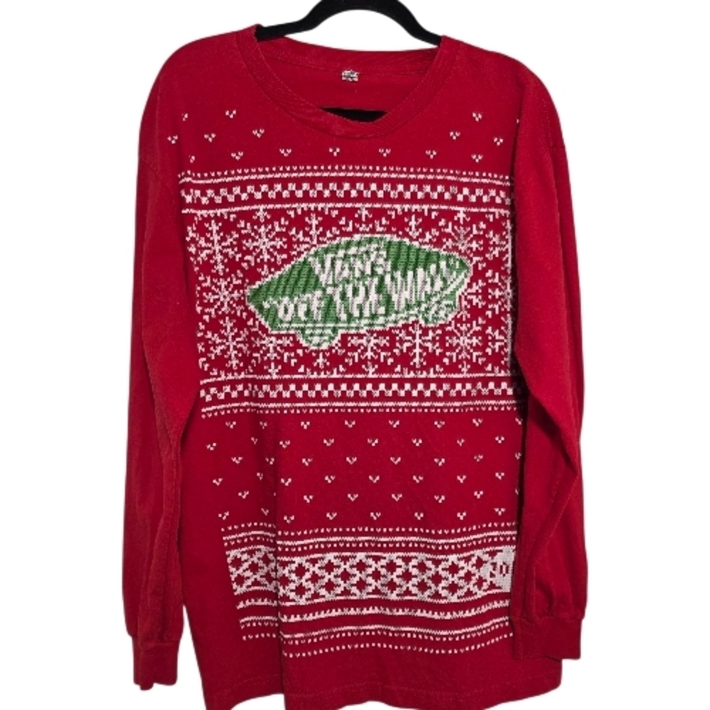 Vans Red Long Sleeve Holiday TShirt with Green and White Pattern Large